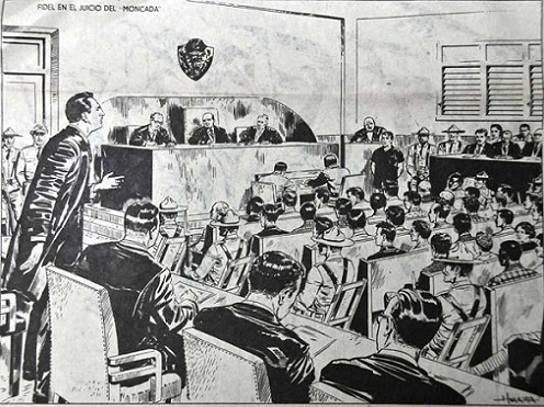 Fidel Castro en el estrado de los abogados, como acusador. Dibujo de Mesa. (Suplemento del periódico Revolución). 